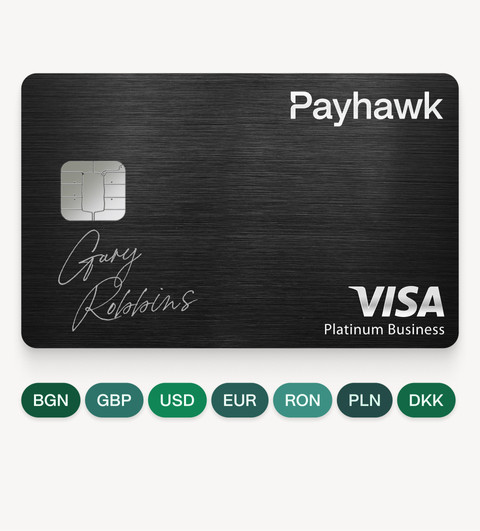 an image of a Payhawk corporate card and chips showing the different currencies Payhawk supports